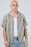 SHORT SLEEVE COTTON BUTTON THROUGH FRONT SHIRT - STRIPE FABRIC SAGE, WHITE COLOURS LOOSE MENS FIT. STYLISH FRONT VIEW