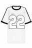ssaint oversized white t shirt with black binding around neck and sleeve, two black stripes down sleeve but twenty two number on front in white with black edging front view 